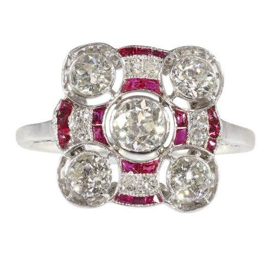 Art Deco engagement ring ruby and diamond old cuts square platinum