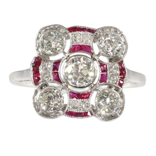 Art Deco engagement ring ruby and diamond old cuts square platinum