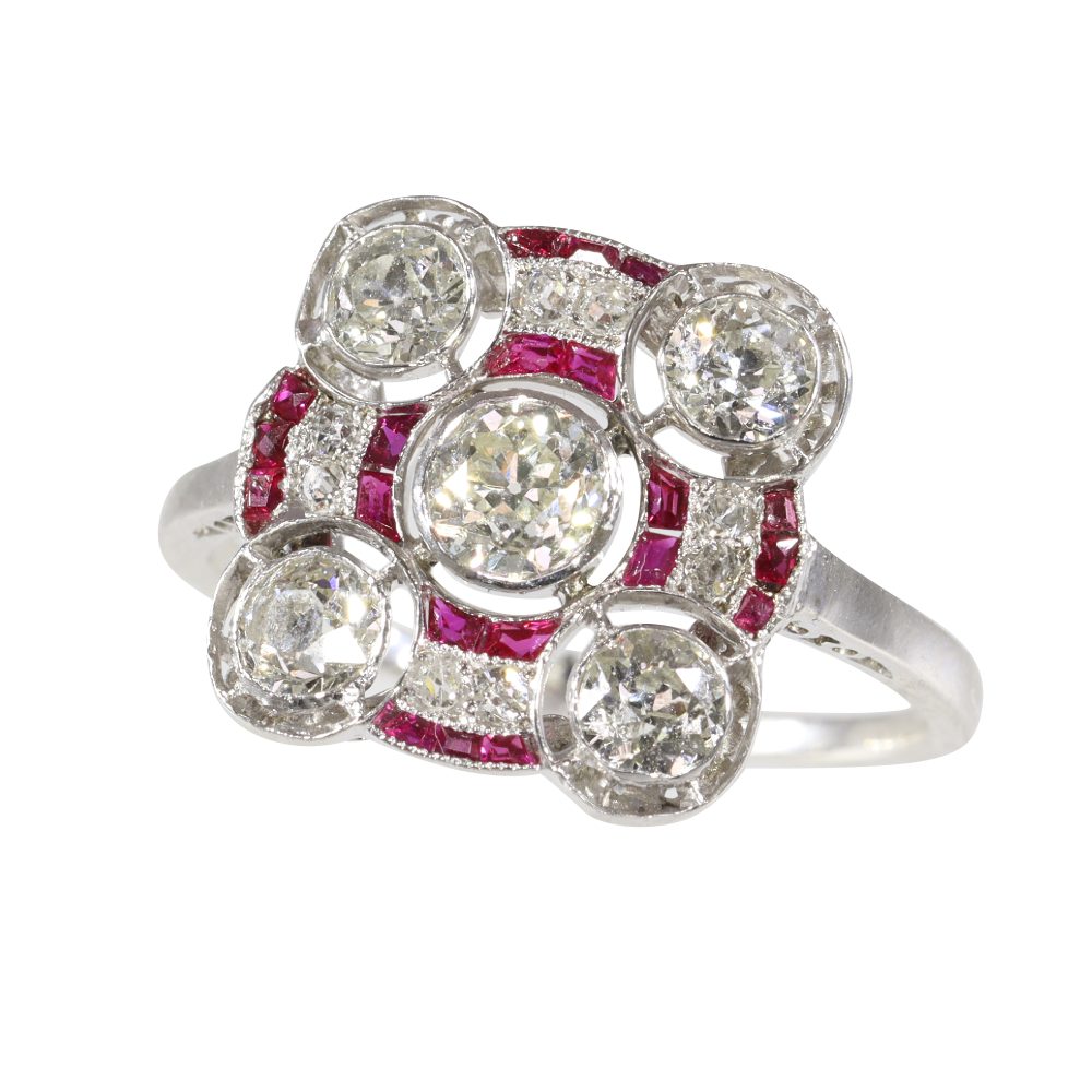 1920sArt Deco Ruby and Diamond Square Target Engagement Ring