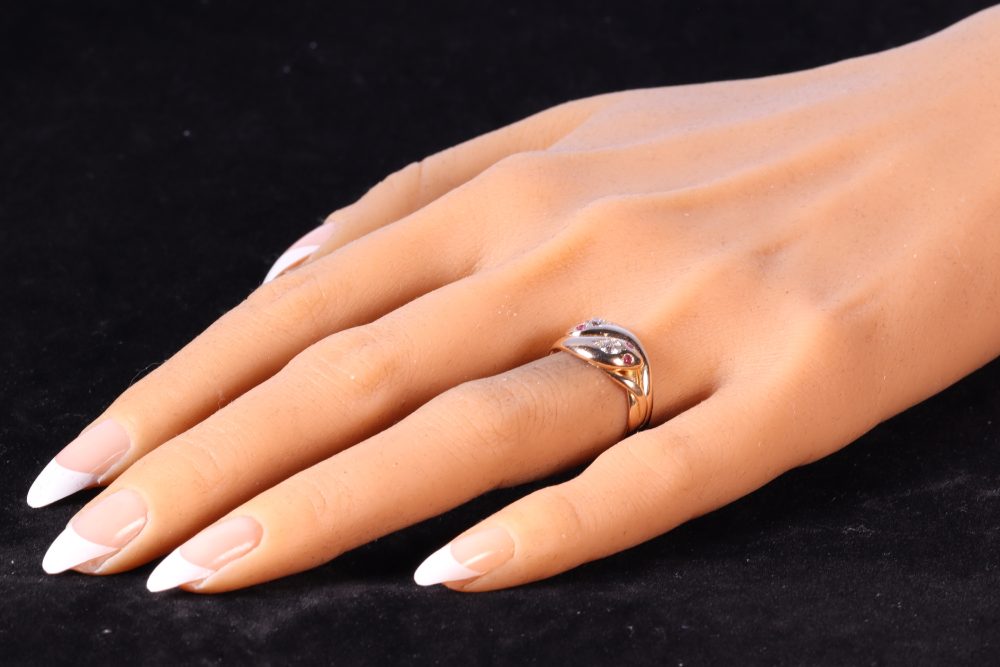 Double Snake Ring In Gold With Old Cut Diamonds and Rubies