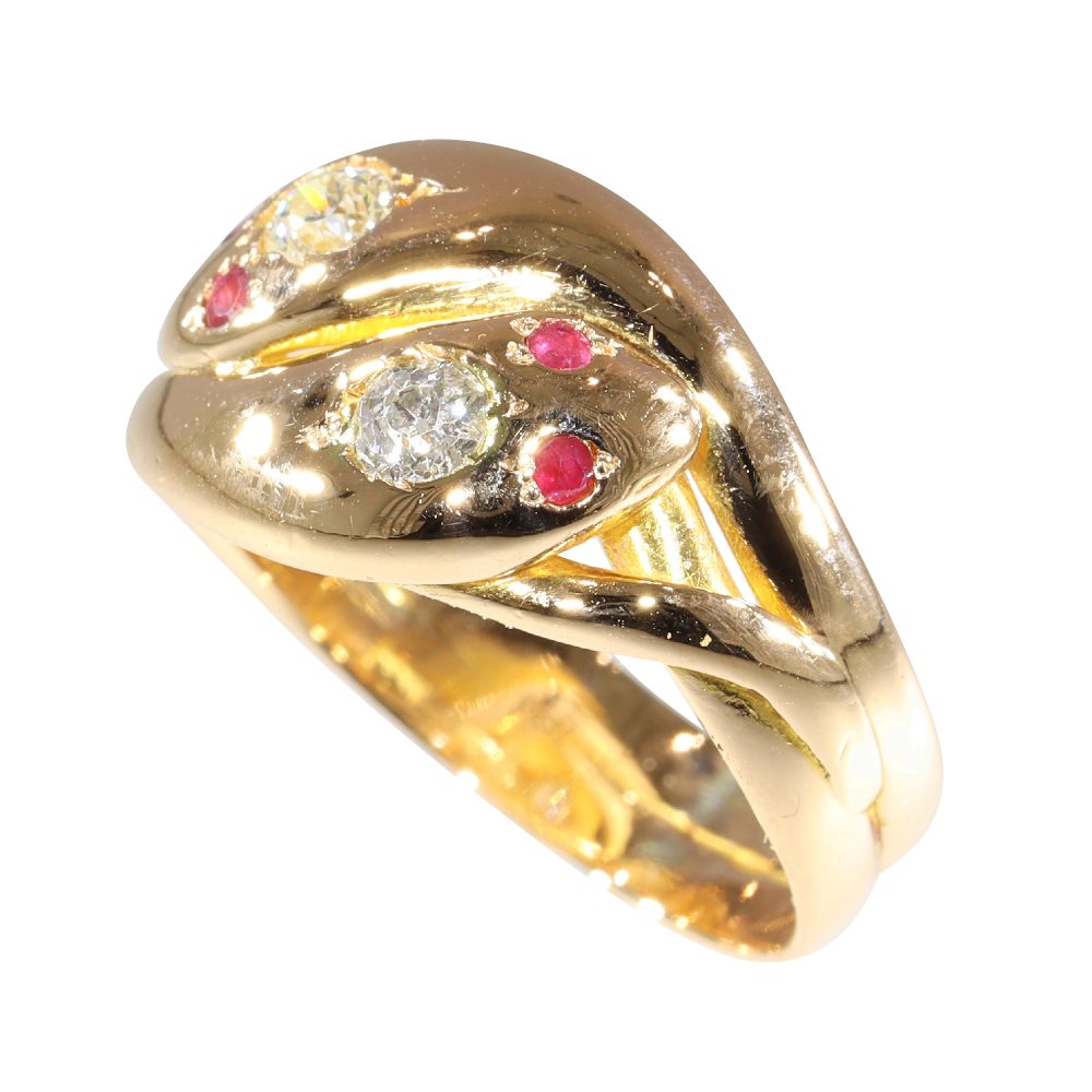 Double Snake Ring In Gold With Old Cut Diamonds and Rubies