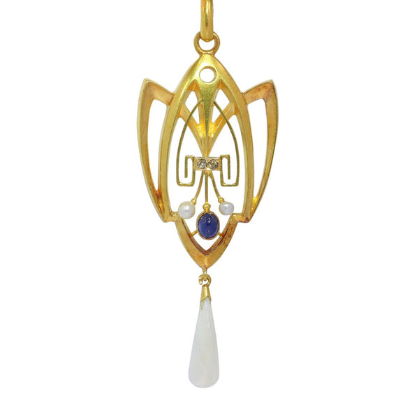Art Nouveau pendant with diamonds, sapphire and pearls in gold.