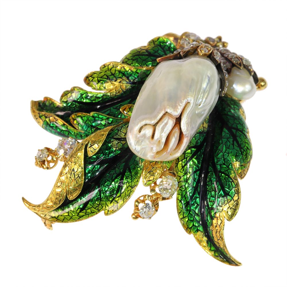 Victorian Blister Pearl And Old Cut Diamond Brooch In Yellow Gold