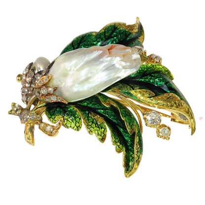 Victorian Blister Pearl And Old Cut Diamond Brooch In Yellow Gold