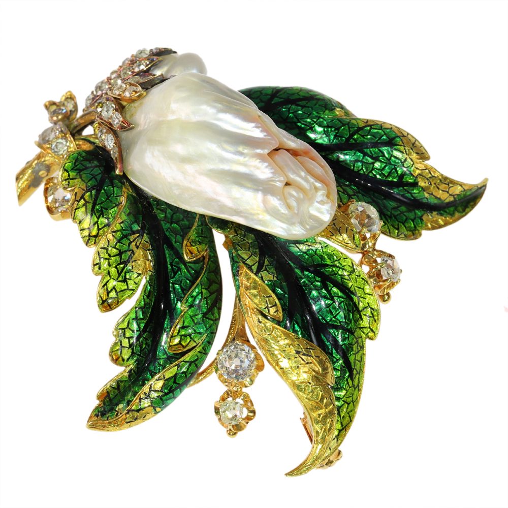 Victorian Blister Pearl And Old Cut Diamond Brooch In Yellow Gold