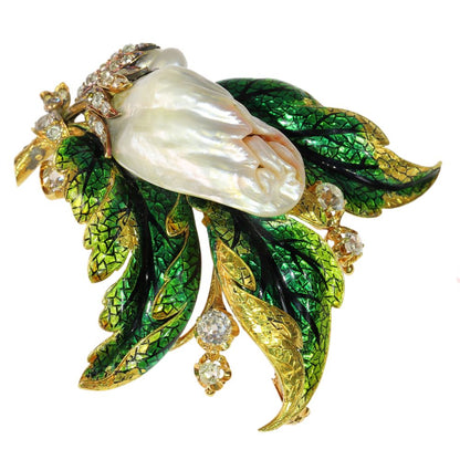 Victorian Blister Pearl And Old Cut Diamond Brooch In Yellow Gold