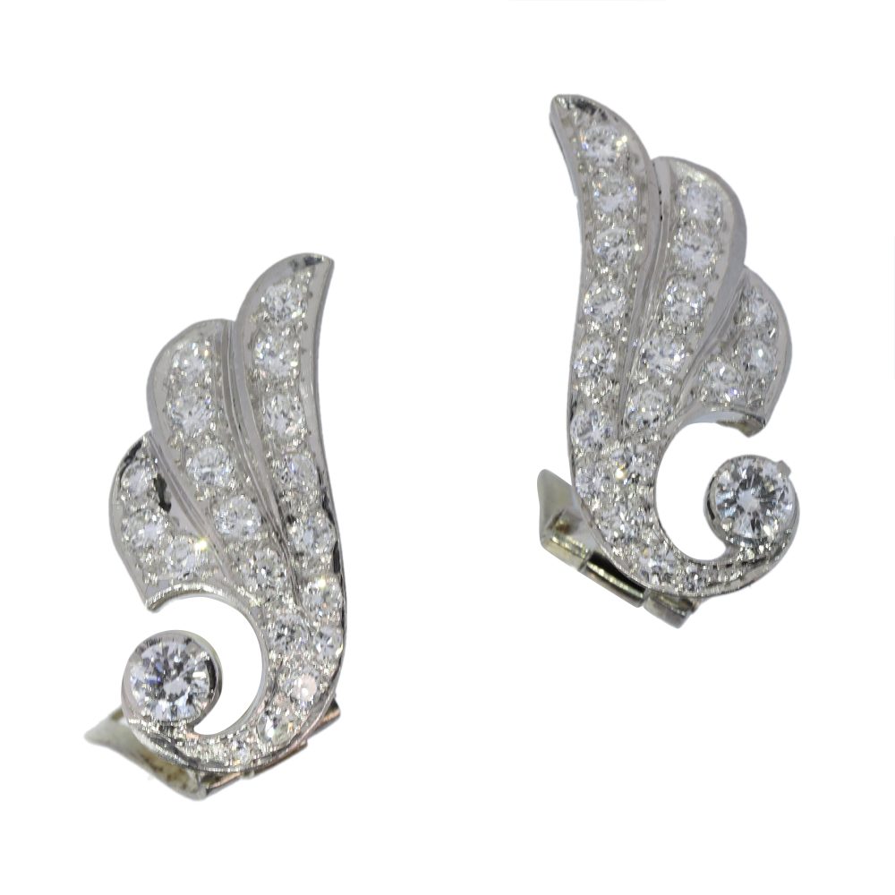 Vintage Diamond Wing Shaped Earrings In Platinum