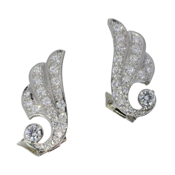 Vintage Diamond Wing Shaped Earrings In Platinum