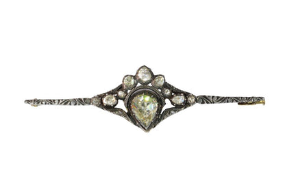 Diamond Bar Brooch In Yellow Gold With Crowned Heart Motif