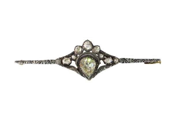 Diamond Bar Brooch In Yellow Gold With Crowned Heart Motif