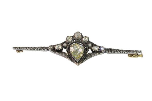 Diamond Bar Brooch In Yellow Gold With Crowned Heart Motif