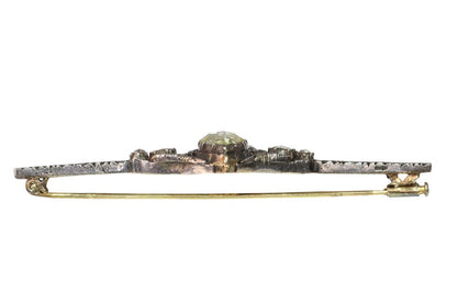 Diamond Bar Brooch In Yellow Gold With Crowned Heart Motif