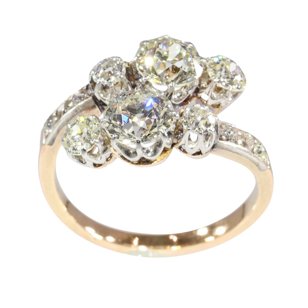 Victorian Toi et Moi 2.57 Carat Old Cut Diamond Ring In Rose Gold And Platinum