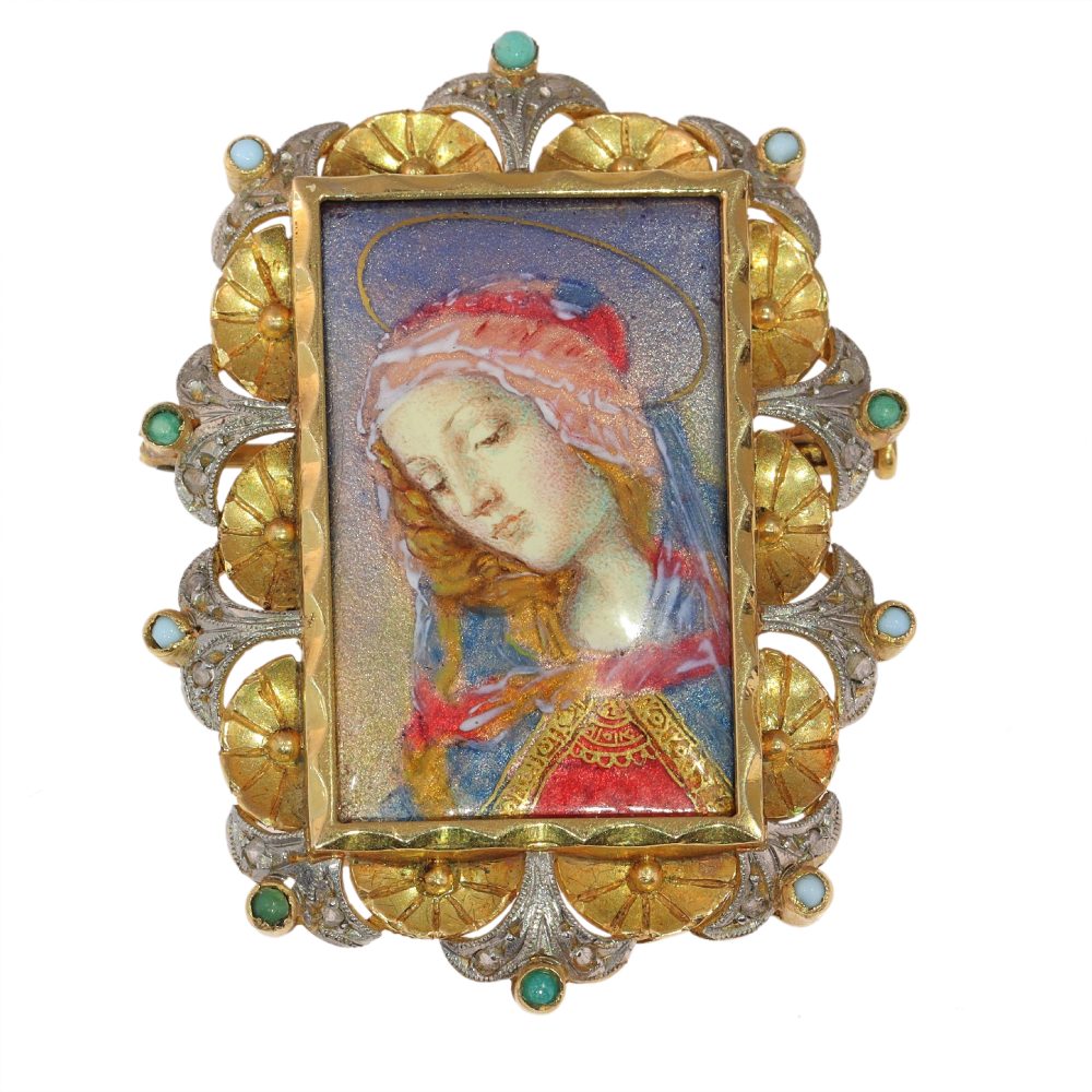 Vintage Enamel Brooch In Yellow And White Gold Depicting The Virgin Mary