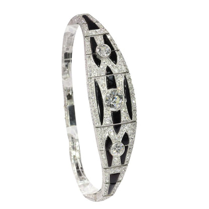 Art Deco Old Cut Diamond And Onyx Bracelet In Platinum