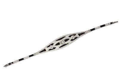 Antique Art Deco Old Cut Diamond And Onyx Bracelet In Platinum