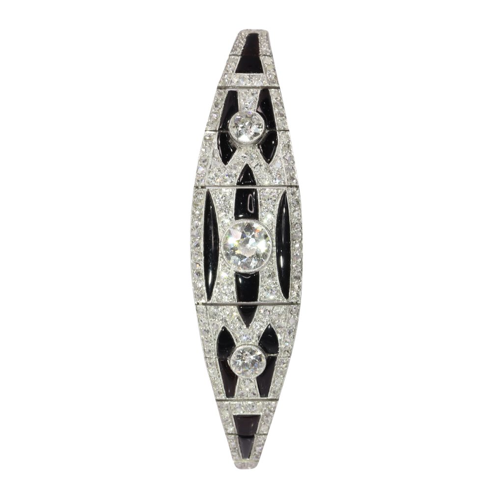 Antique Art Deco Old Cut Diamond And Onyx Bracelet In Platinum