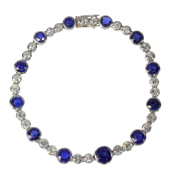 Art Deco French 7.66ct Natural No Heat Sapphire and 3.92 Old Mine Cut Diamond Bracelet in Platinum