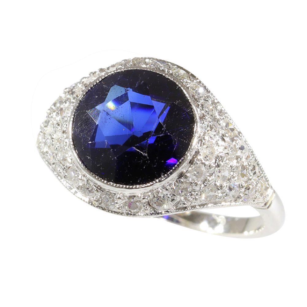 Vintage sapphire and diamond ring in platinum.