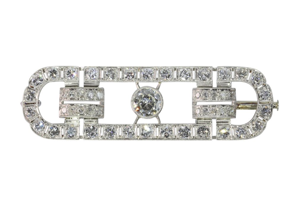 Art Deco-Inspired Gentleman's Bar Brooch In Platinum With Old Cut Diamonds