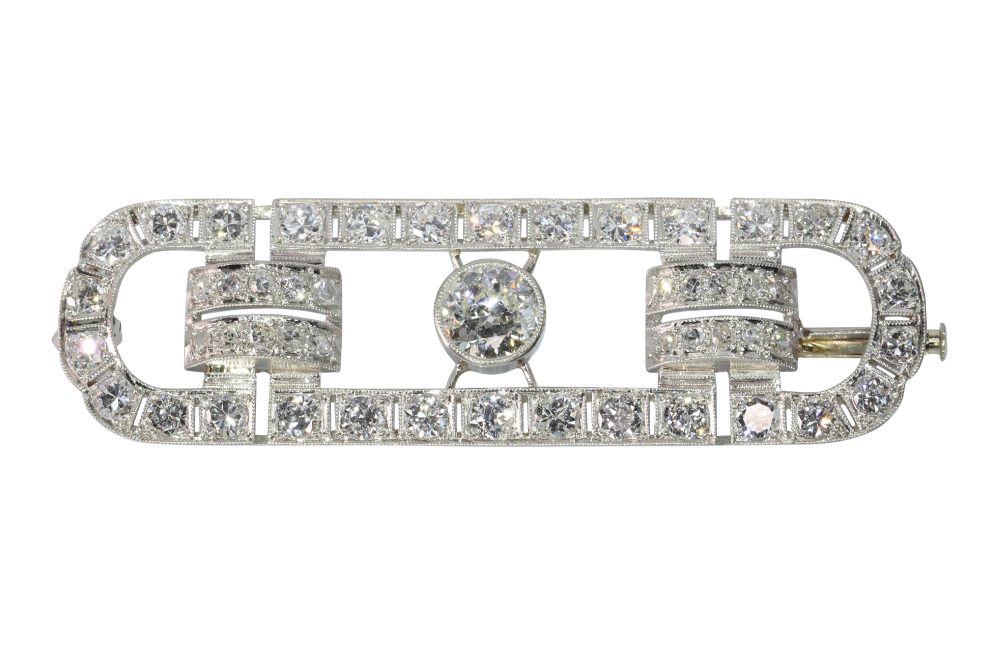 Art Deco-Inspired Gentleman's Bar Brooch In Platinum With Old Cut Diamonds