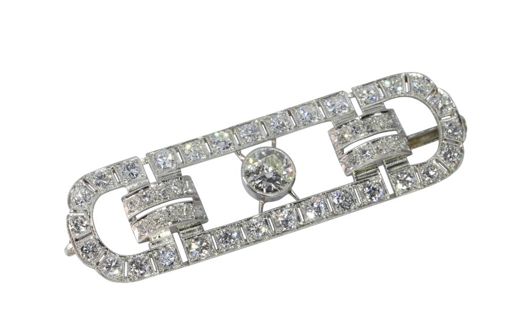 Art Deco-Inspired Gentleman's Bar Brooch In Platinum With Old Cut Diamonds