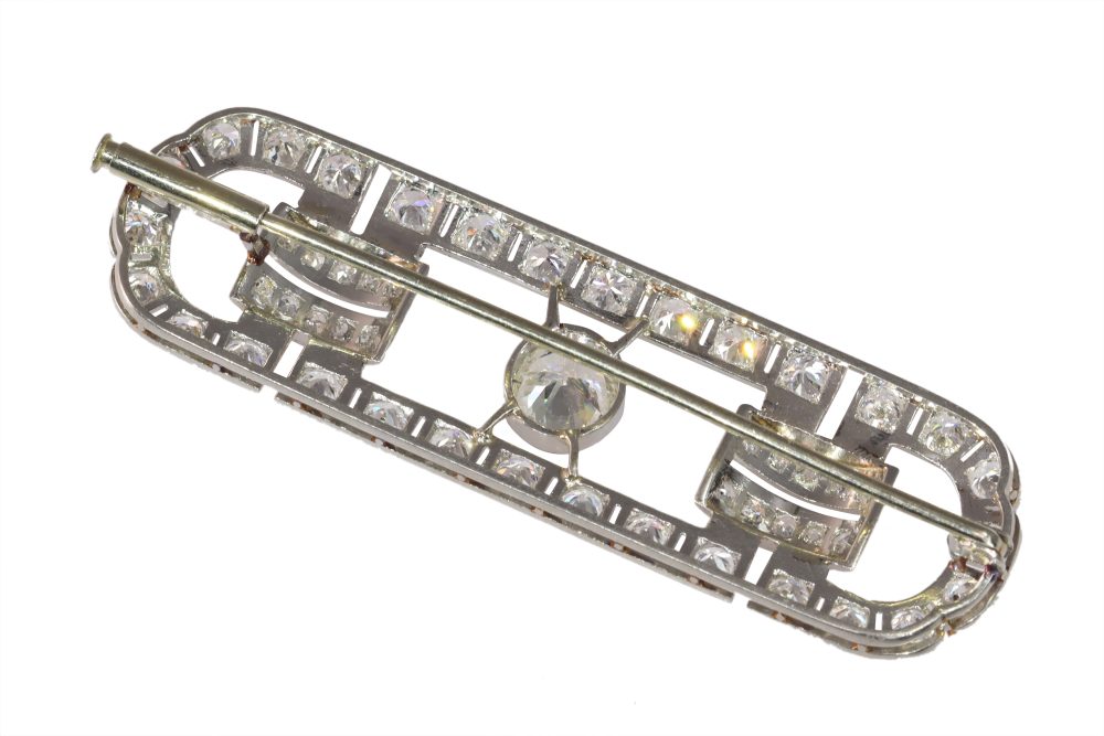 Art Deco-Inspired Gentleman's Bar Brooch In Platinum With Old Cut Diamonds