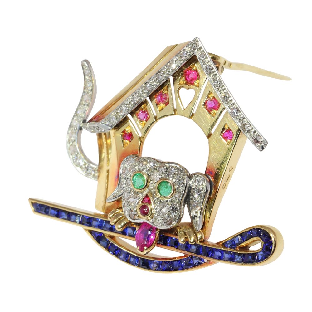 Vintage Dog Brooch In Yellow and White Gold With Diamonds And Gemstones