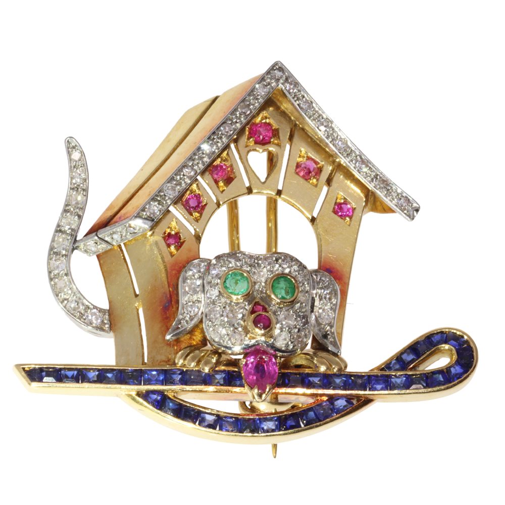 Vintage Dog Brooch In Yellow and White Gold With Diamonds And Gemstones