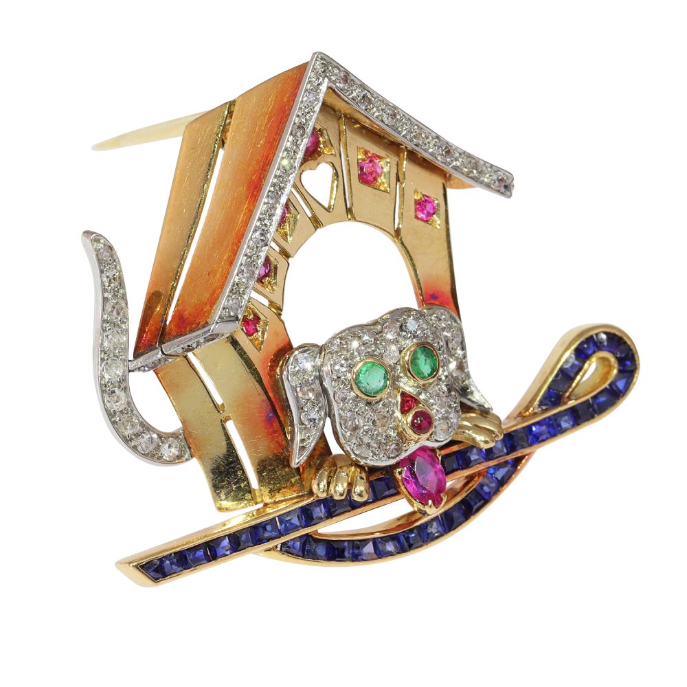 Vintage Dog Brooch In Yellow and White Gold With Diamonds And Gemstones