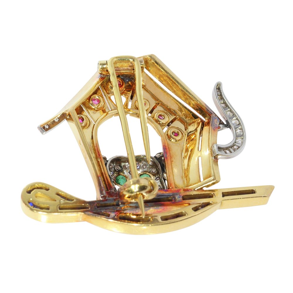 Vintage Dog Brooch In Yellow and White Gold With Diamonds And Gemstones