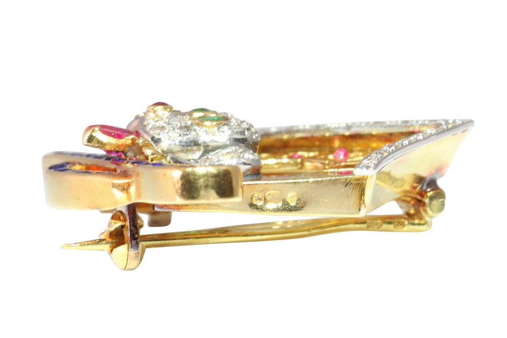 Vintage Dog Brooch In Yellow and White Gold With Diamonds And Gemstones