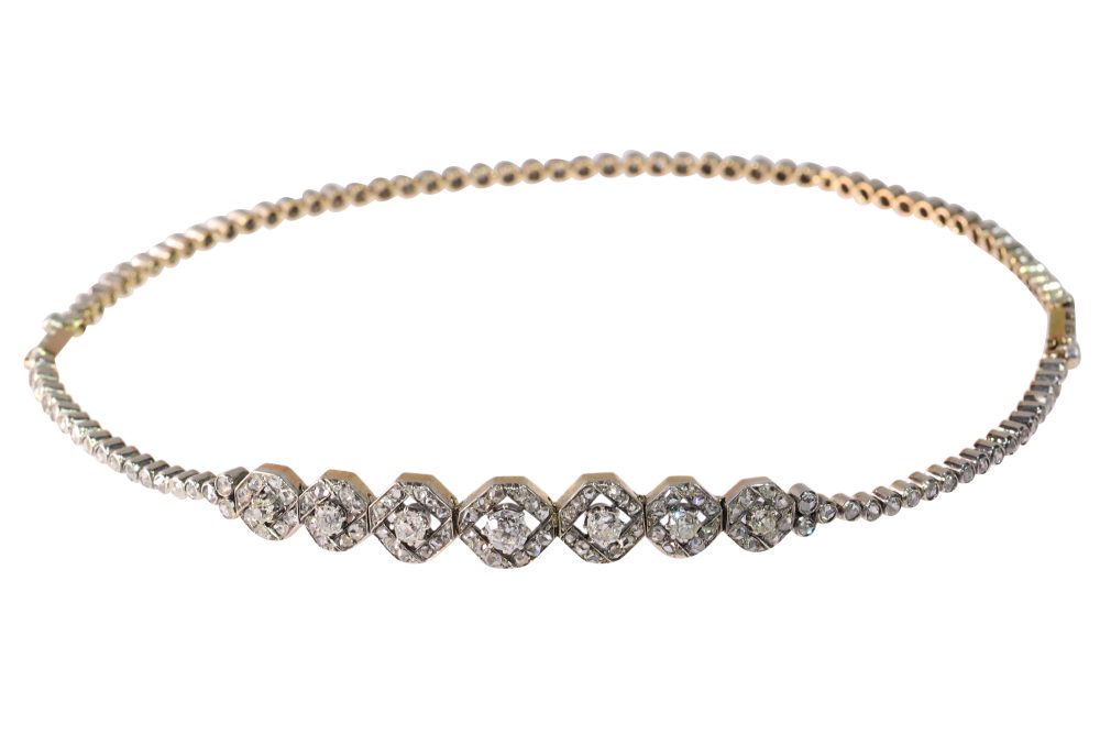 Victorian Two Old Cut Diamond Bracelets Transform Into Dog Collar Necklace In Gold And Silver