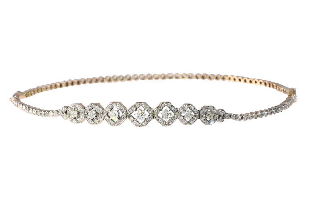 Victorian Two Old Cut Diamond Bracelets Transform Into Dog Collar Necklace In Gold And Silver