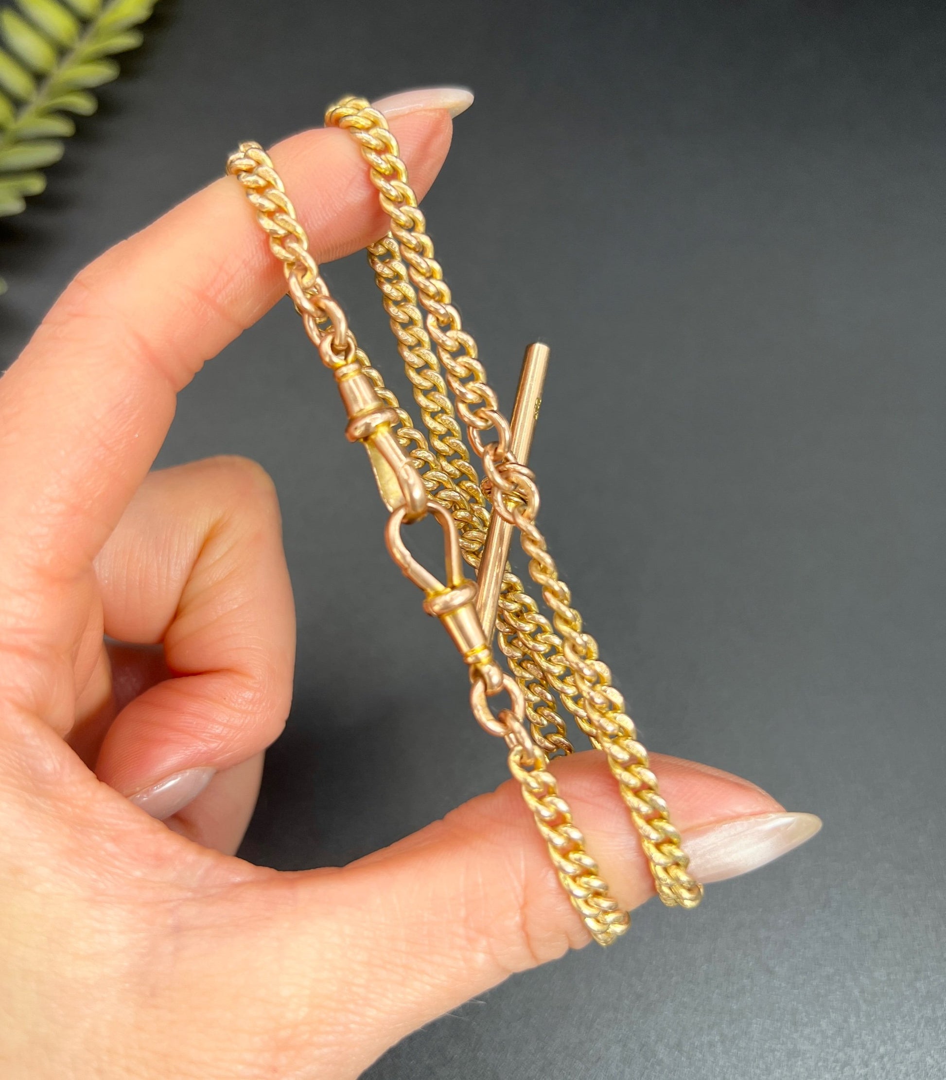 A yellow gold curb link Albert watch chain, held in a hand