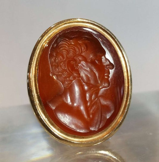 18th Century Antique Cornelian Intaglio Fob Seal, depicting 4th century Greek orator Demosthenes, attributed to Burch, Circa 1780-90