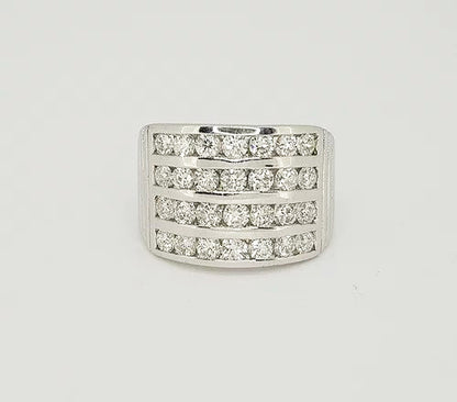 Channel Set Diamond Dress Ring; featuring four horizontal rows channel set with 2.00 carats brilliant cut diamonds, ribbed shoulders, in 18ct white gold