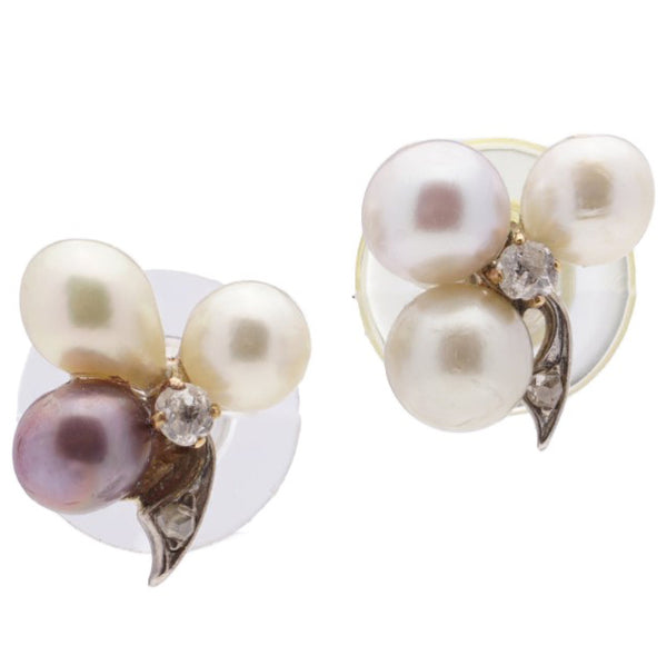 Antique Natural Pearl and Diamond Floral Earrings
