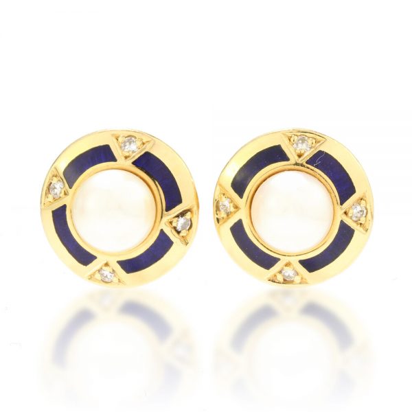 Faberge Limited Edition Pearl, Blue Enamel and Diamond Stud Earrings in 18ct yellow gold, Limited Edition Number 30/300. Circa 1990s / early 2000s