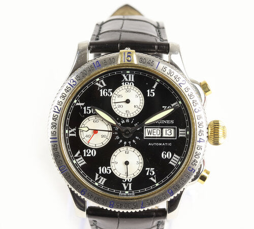 Longines Automatic Chronograph Special Series 42mm Stainless Steel Watch; black dial with day and date indicators (quick-set), chronograph sub-dials, rotating bezel, with luminous Roman numerals and hands, exhibition back, on black leather strap