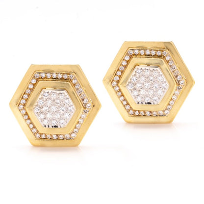 Octagonal Yellow Gold Earrings with Diamonds, 2.32 carat total, vintage 14ct yellow and white gold honeycomb-shaped pair of clip-on earrings pave set 2.32cts diamonds. Circa 1990s
