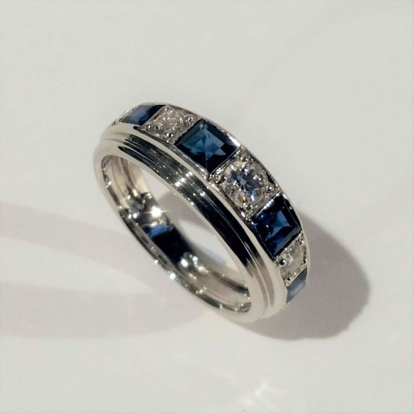 Princess Cut Sapphire and Old Cut Diamond Half Eternity Ring; set with graduated old cut diamonds and square cut sapphires, 18ct white gold, Circa 1950