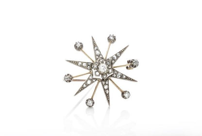 Antique Victorian Old Cut Diamond Star Brooch; set with rose cut and old European cut diamonds, 0.88 carat total, set in silver and 15ct gold