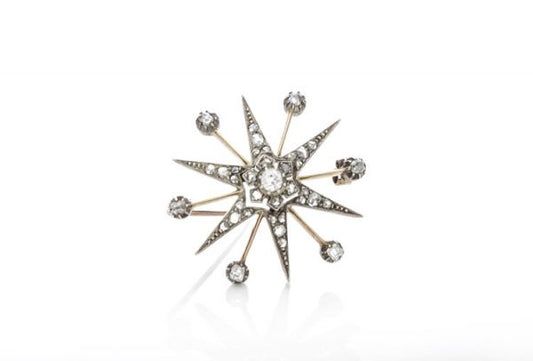 Antique Victorian Old Cut Diamond Star Brooch; set with rose cut and old European cut diamonds, 0.88 carat total, set in silver and 15ct gold
