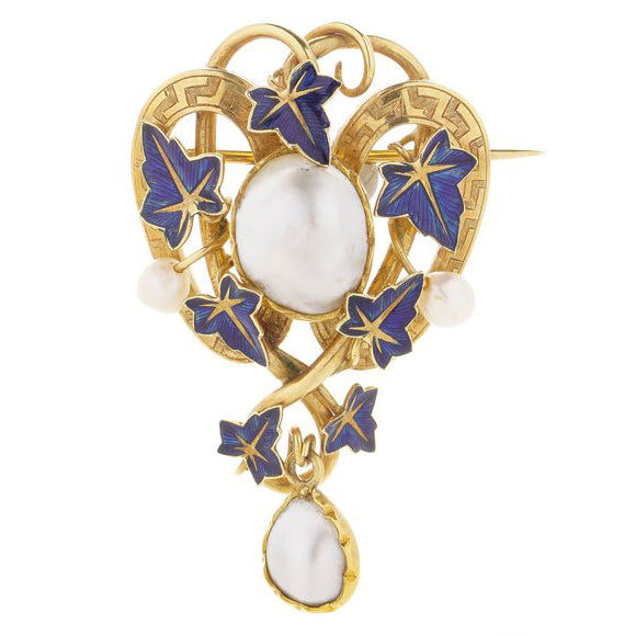 Victorian Antique 18ct Gold Brooch with Blue Enamel and Pearls, 18ct yellow gold brooch decorated with blue enamel leaves and saltwater and blister pearls