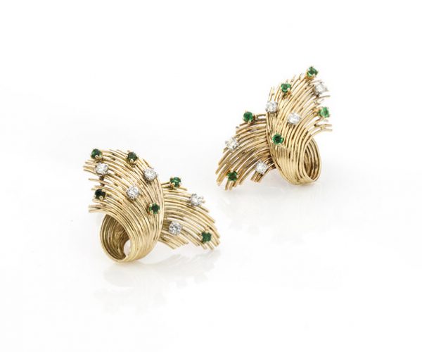 Vintage 1970s Emerald, Diamond and 18ct Yellow Gold Earrings; textured spray earrings set with natural emeralds and diamonds, post and clip fittings