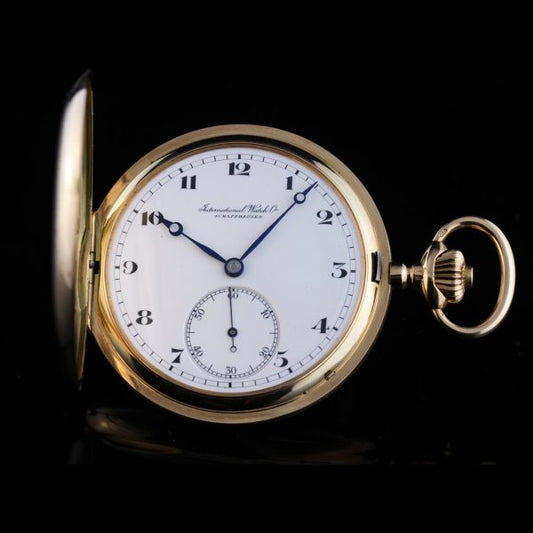Antique IWC Gold Presentation Pocket Watch, Ref 678256, white dial with Arabic numeral hour markers, mechanical hand winding movement, By IWC International Watch Co., Schaffhausen, Circa 1900