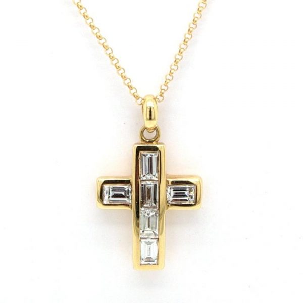 Emerald Cut Diamond Set Cross Pendant in 18ct Yellow Gold; 18ct yellow gold cross pendant channel-set with 0.90cts emerald cut diamonds