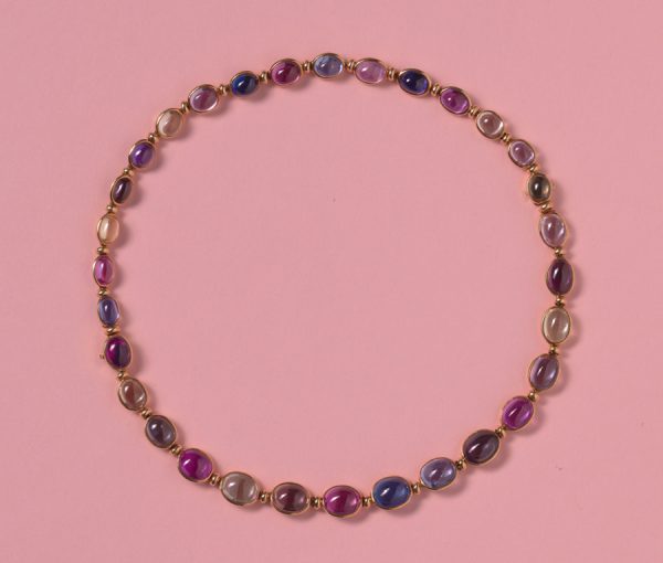 Vintage Bulgari Multi Colour Sapphire Necklace; 71.25cts, oval cabochon sapphires mounted in 18ct yellow gold, can be worn as two bracelets, signed Bvlgari
