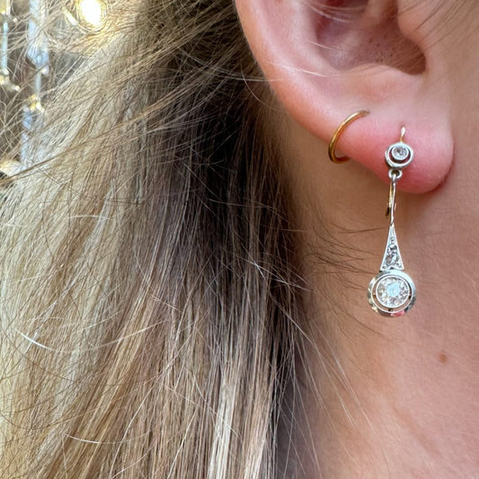 Art Deco Old Cut Diamond Pendant Earrings In 18 Carat Yellow And White Gold